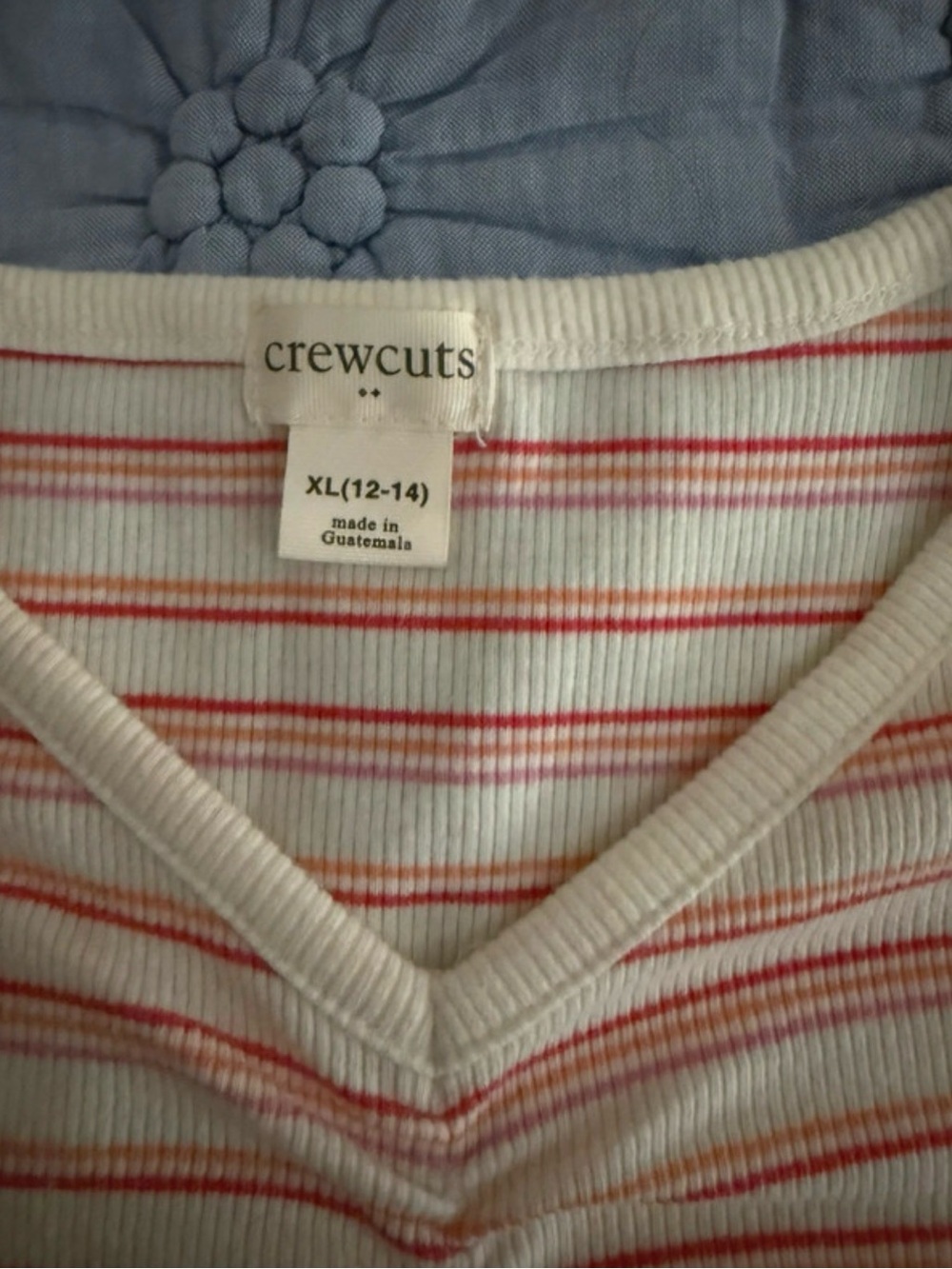 Crewcuts White Ribbed V‑Neck Tee with Pink and Orange Stripes